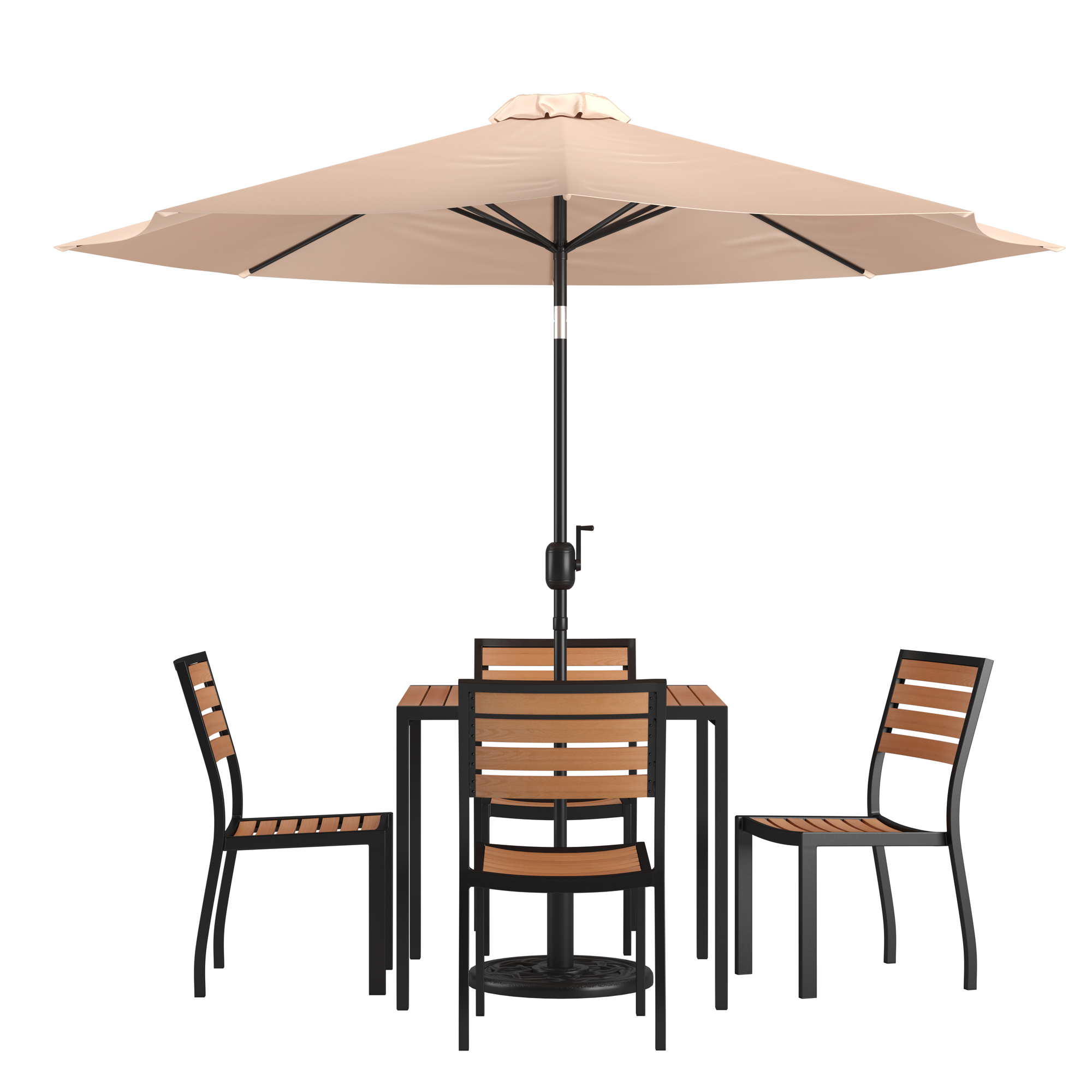 Flash Furniture, Faux Teak 35in. Table-Tan Umbrella-Base-4 Chairs, Pieces (qty.) 7, Primary Color Beige, Seating Capacity 4, Model# XU8134UB19BTN